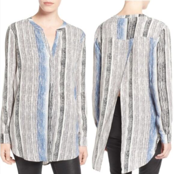 ASTR Split Back Popover Tunic Top Blue Striped Long Sleeve Size M - Picture 1 of 12